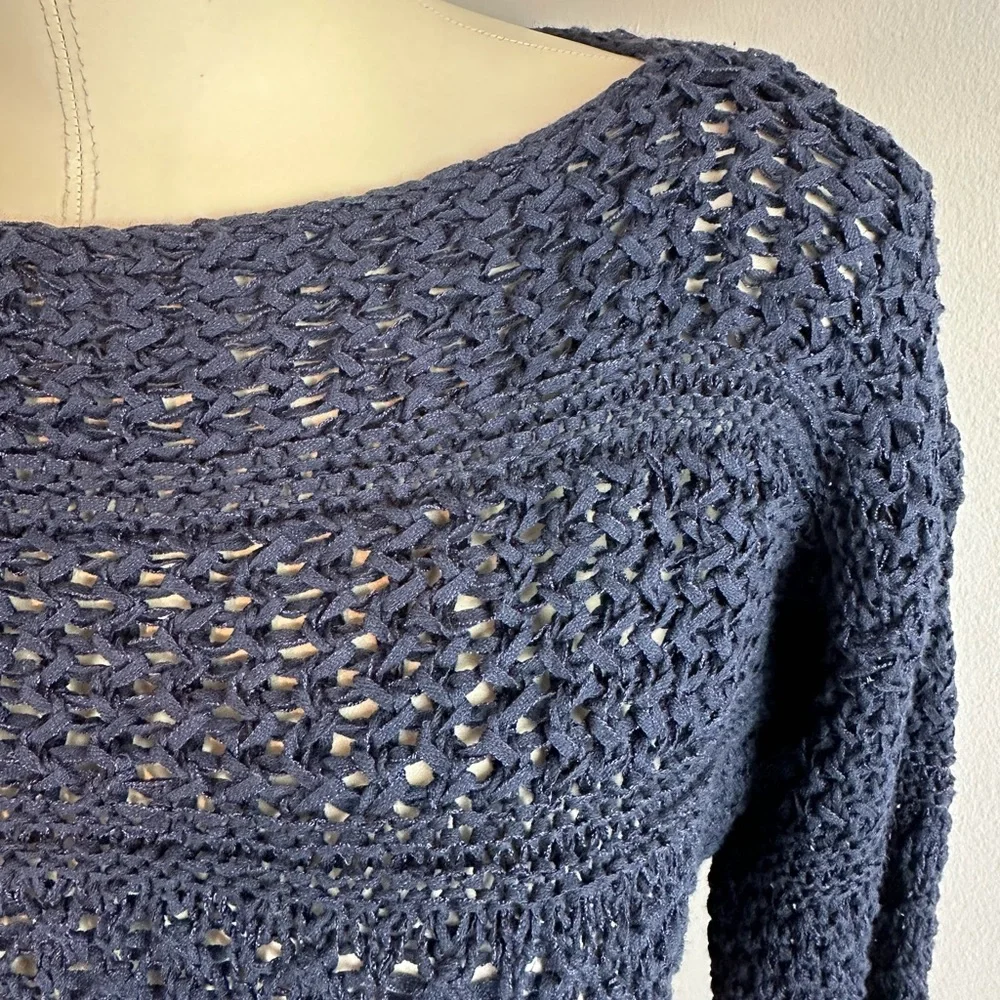 LOFT Navy Textured Open Stitch Knit Pullover Sweater | Size XS